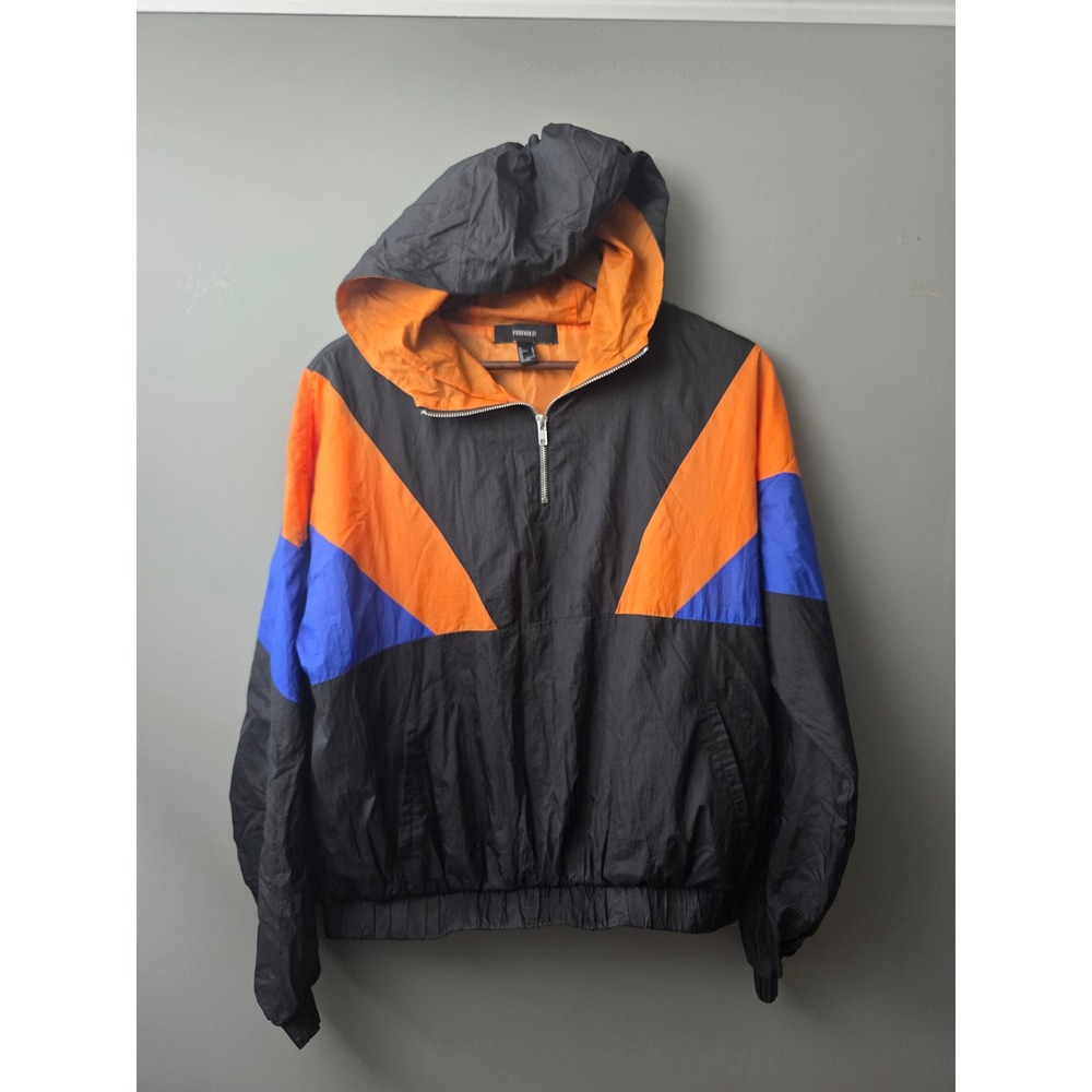 Forever 21 Mens Colorblock Windbreaker Jacket Black Orange Blue Hooded Large